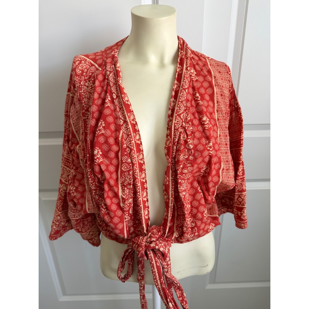 Japna Red Paisley Floral Wrap Top XL Boho Kimono Sleeve V-Neck Tie Waist